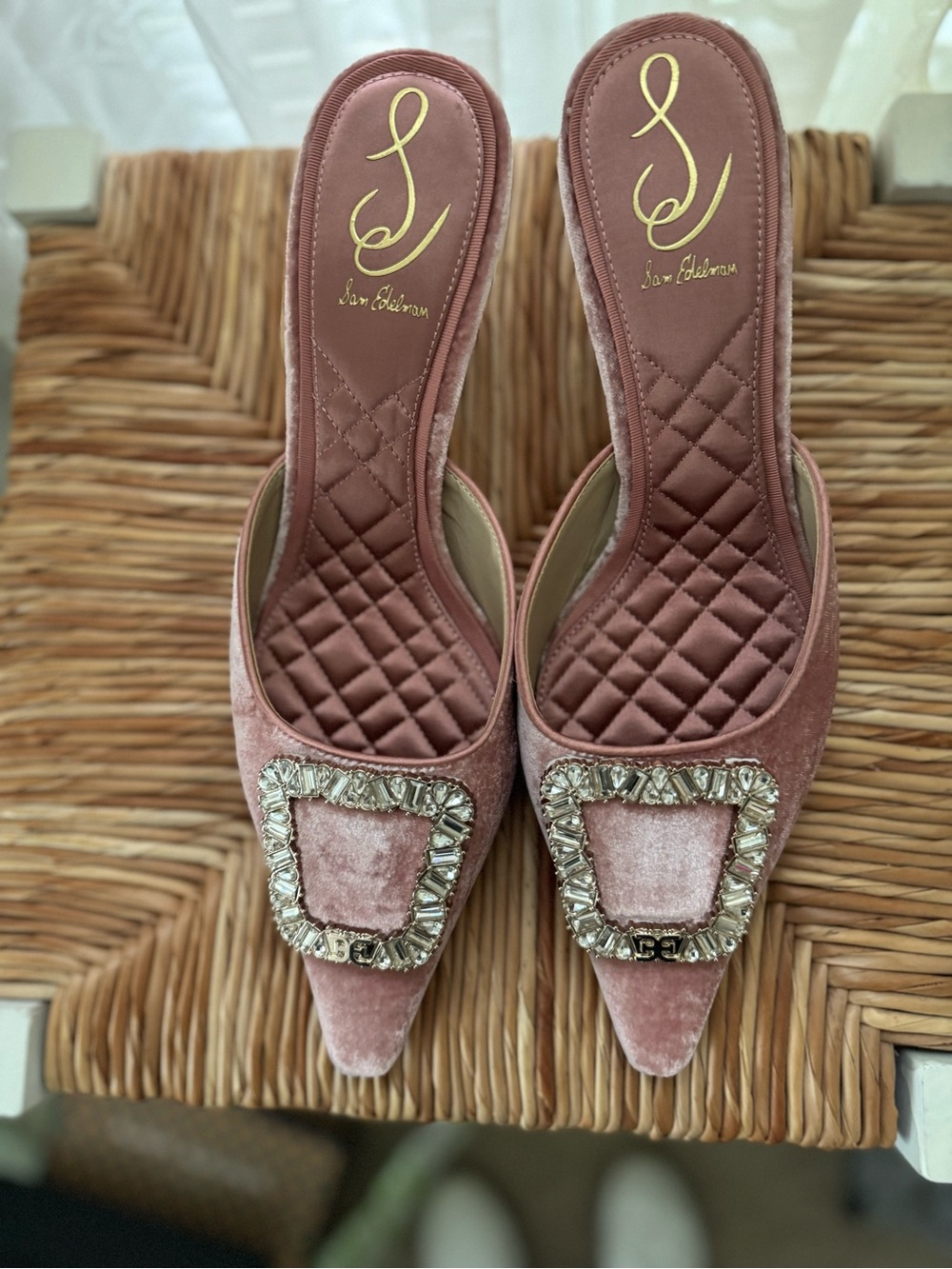 Sam Edelman Dusty Pink Velvet Crystal-Buckle Mules